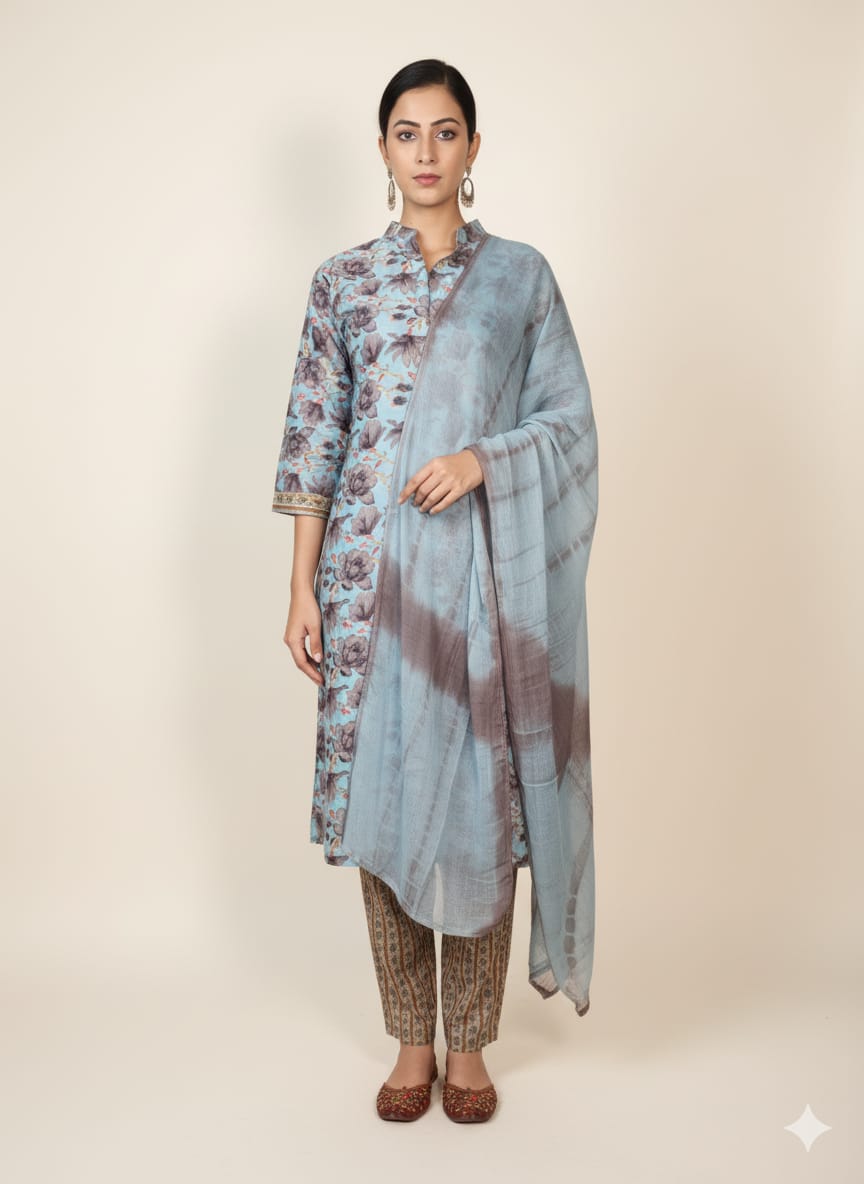 Faddism Floral Cotton Kurti Pant Set with Chiffon Dupatta – Stylish Stand Collar & Center Slit Design