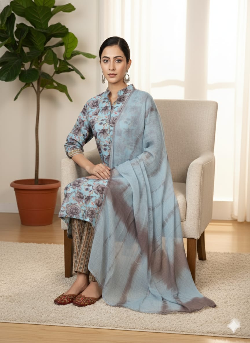 Faddism Floral Cotton Kurti Pant Set with Chiffon Dupatta – Stylish Stand Collar & Center Slit Design