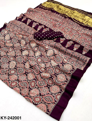 RajMata Keya Pure Modal Ajrakh Saree with Lagadi Patta & Handblock Print