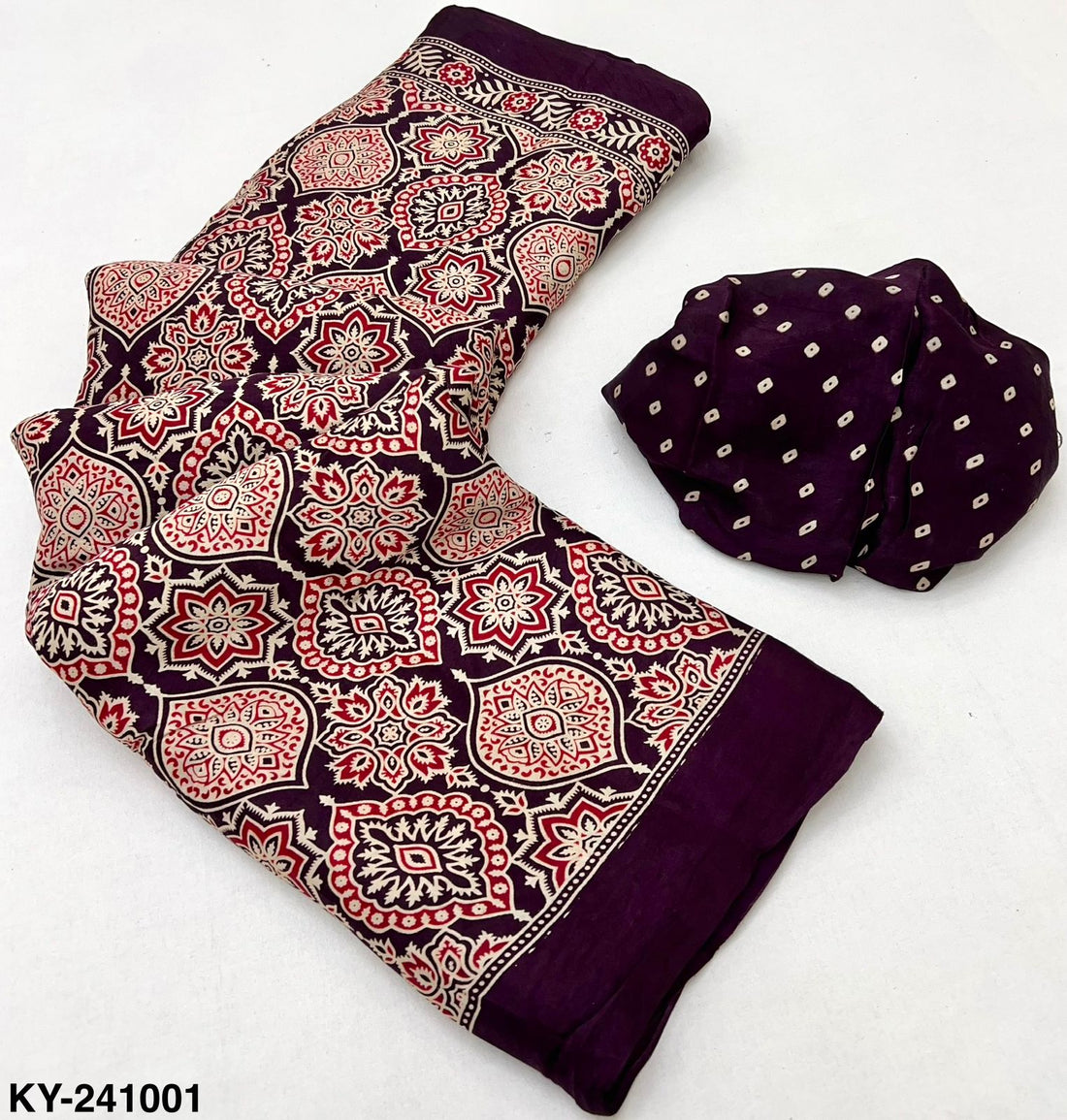 RajMata Keya Pure Modal Ajrakh Saree with Lagadi Patta & Handblock Print