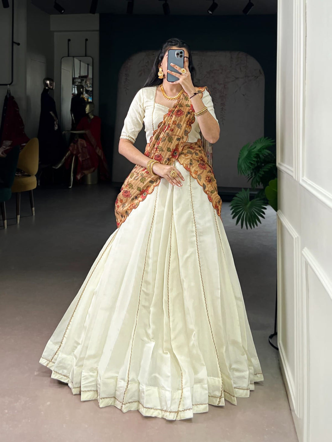Ivory Crush Lehenga Choli with Kalamkari Kora Silk Dupatta
