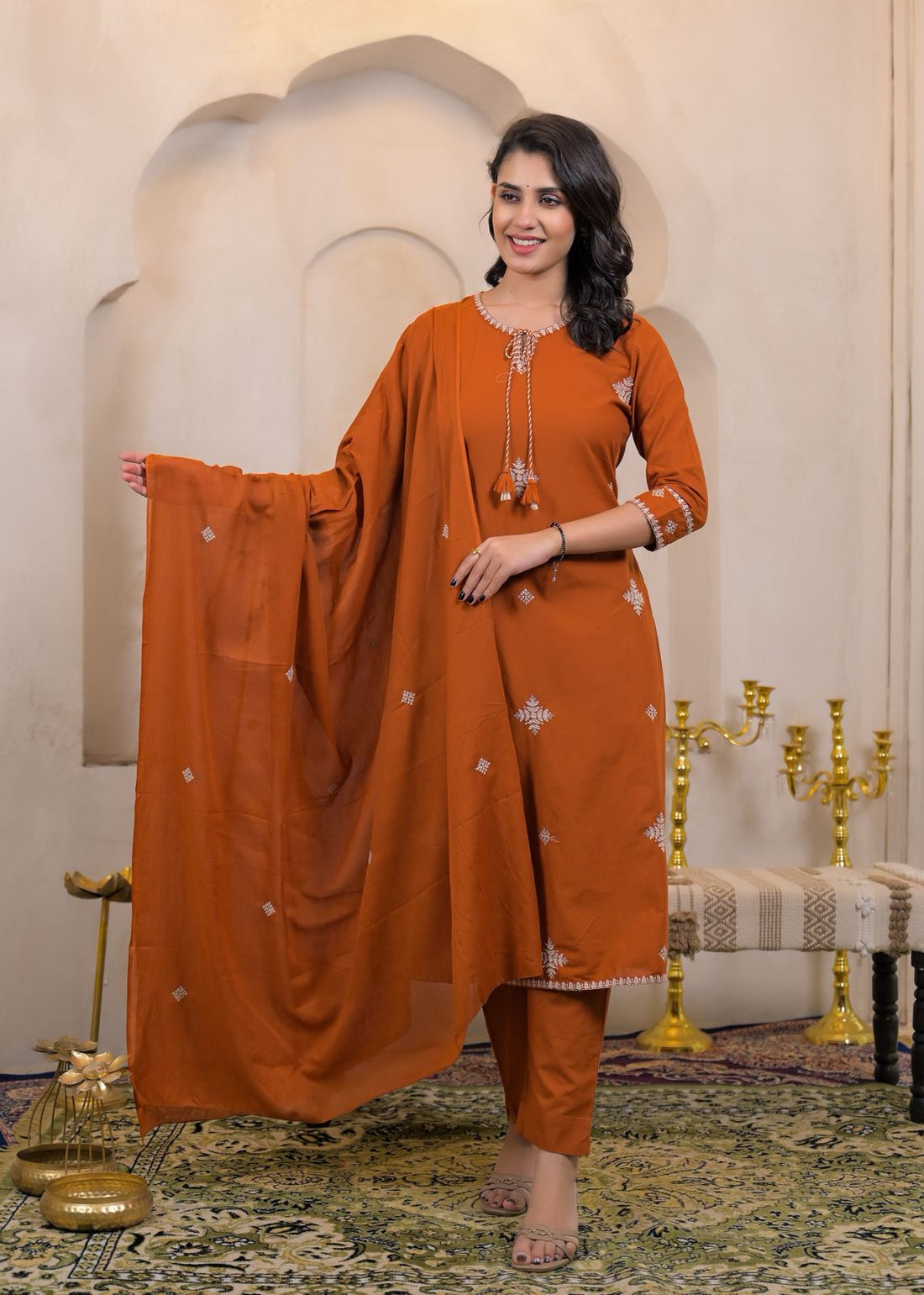 Premium Ethnic Wear Pure Cotton 60×60 Embroidered Kurta Pant Dupatta Set