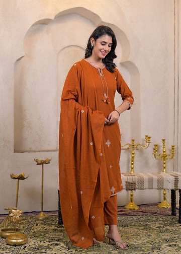 Premium Ethnic Wear Pure Cotton 60×60 Embroidered Kurta Pant Dupatta Set