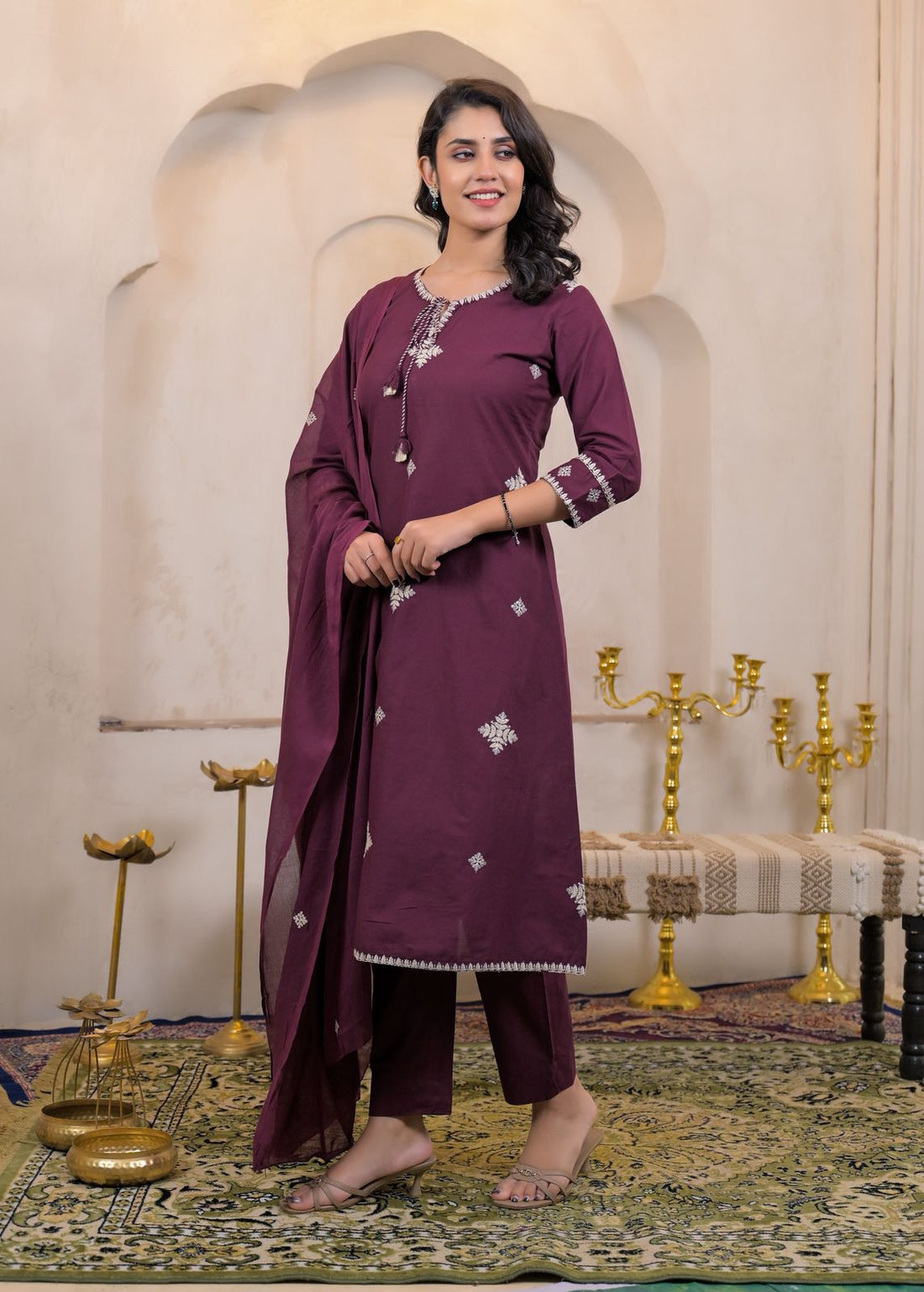 Premium Ethnic Wear Pure Cotton 60×60 Embroidered Kurta Pant Dupatta Set