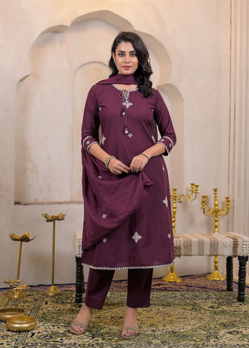 Premium Ethnic Wear Pure Cotton 60×60 Embroidered Kurta Pant Dupatta Set