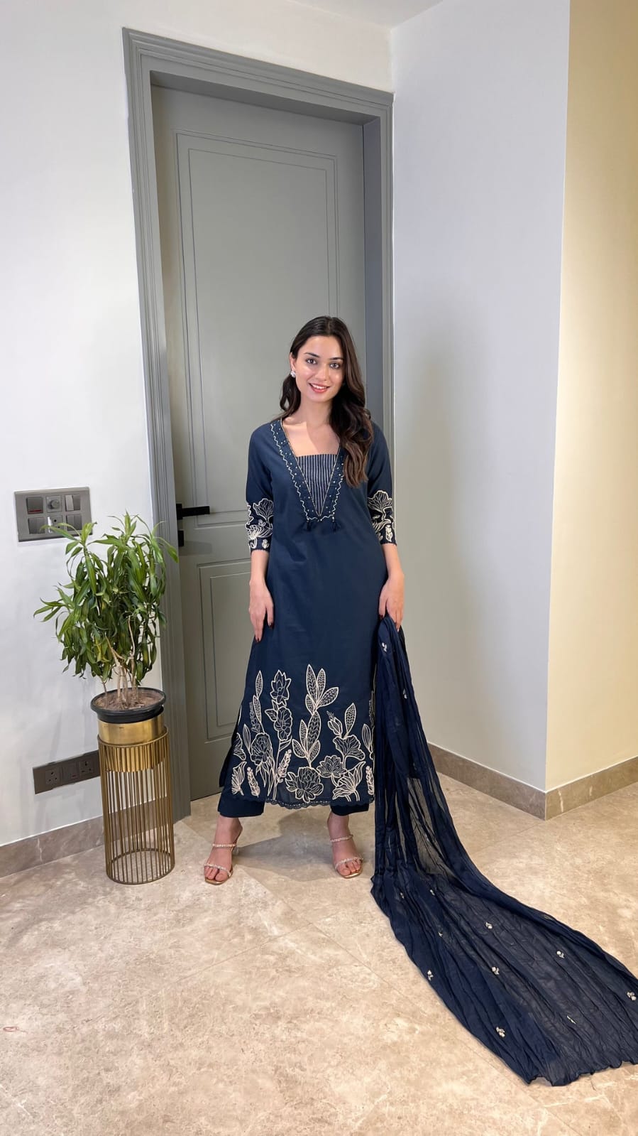 Pure Cotton 60×60 Embroidered Kurta Pant Dupatta Set with Thread Work