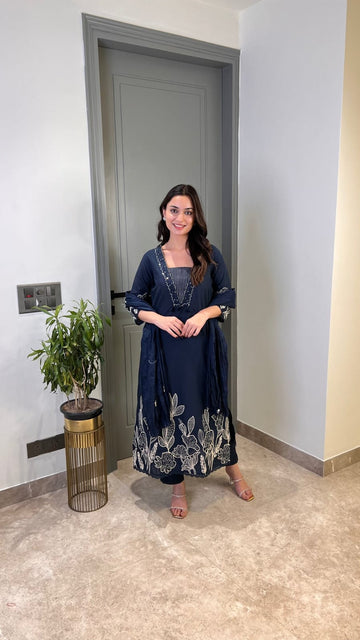 Pure Cotton 60×60 Embroidered Kurta Pant Dupatta Set with Thread Work