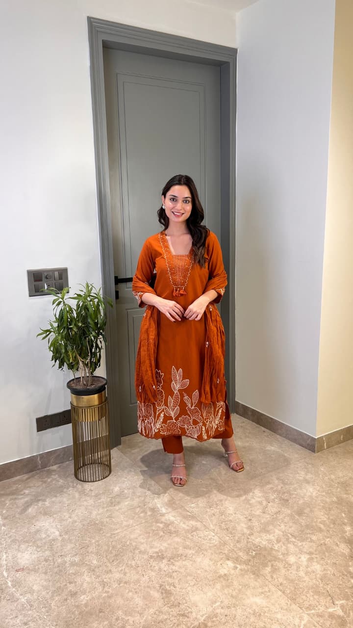 Pure Cotton 60×60 Embroidered Kurta Pant Dupatta Set with Thread Work