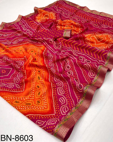 Bandhan Soft Chiffon Bandhani Saree with Fancy Menakari Lace Border