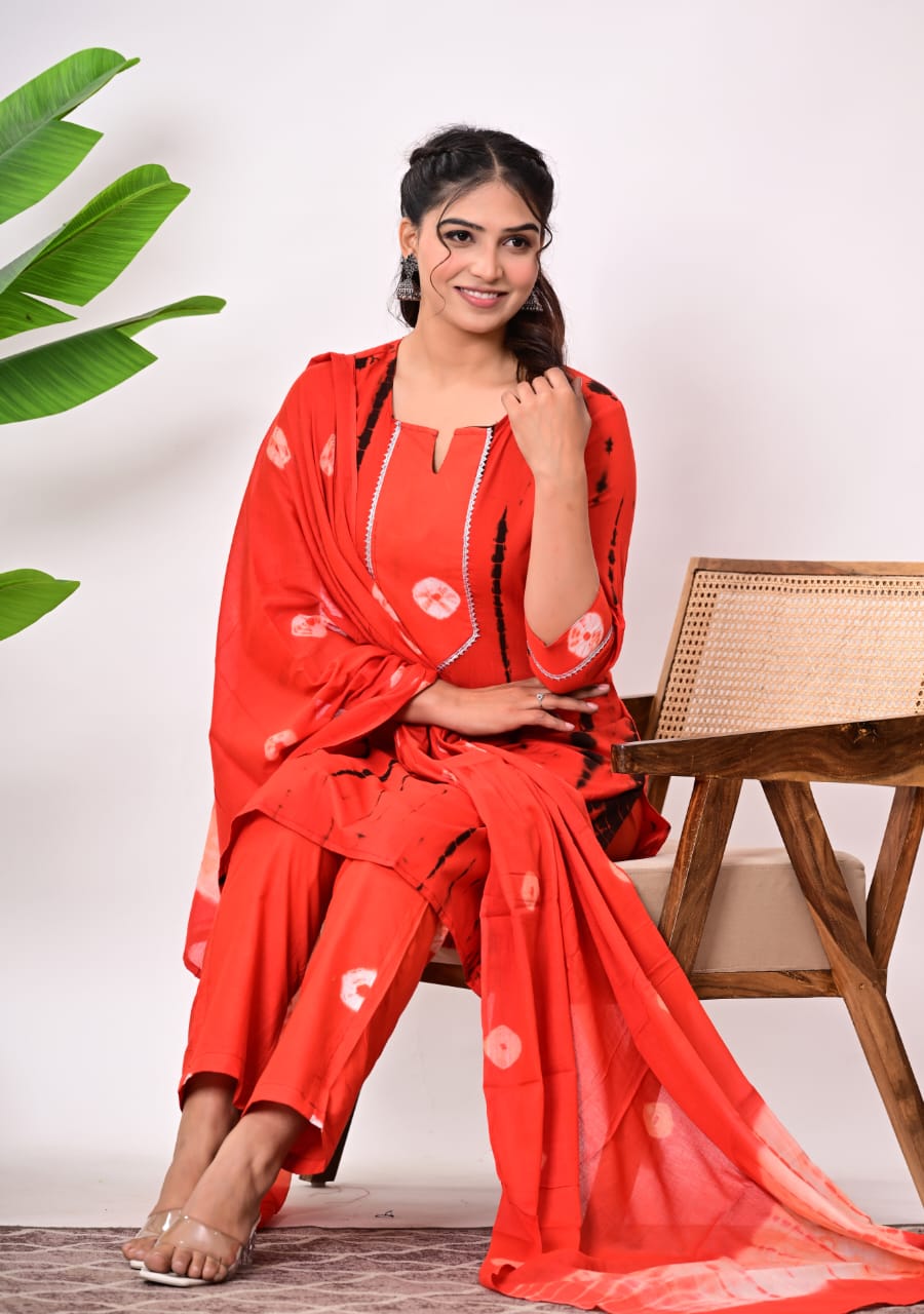 Hand Block Printed Stitched Cotton Suit Set with Matching Cotton Dupatta