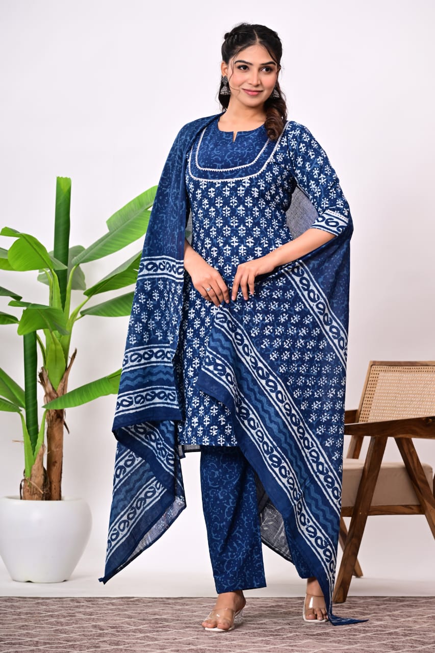 Hand Block Printed Stitched Cotton Suit Set with Matching Cotton Dupatta