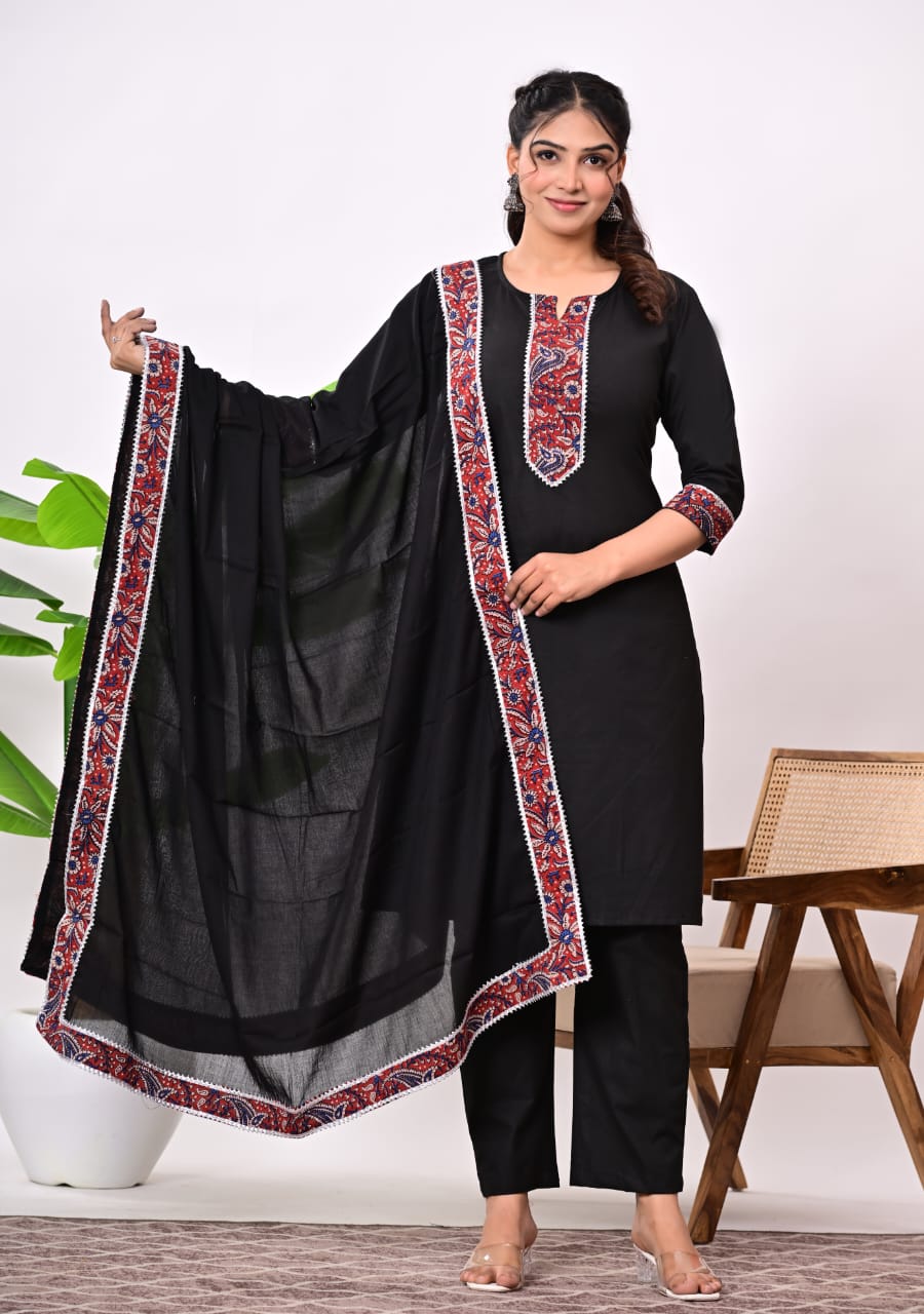 Hand Block Printed Stitched Cotton Suit Set with Matching Cotton Dupatta