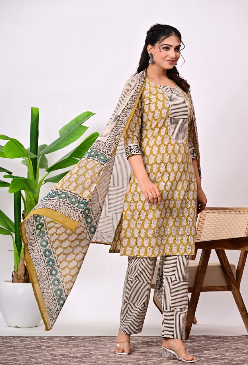 Hand Block Printed Stitched Cotton Suit Set with Matching Cotton Dupatta