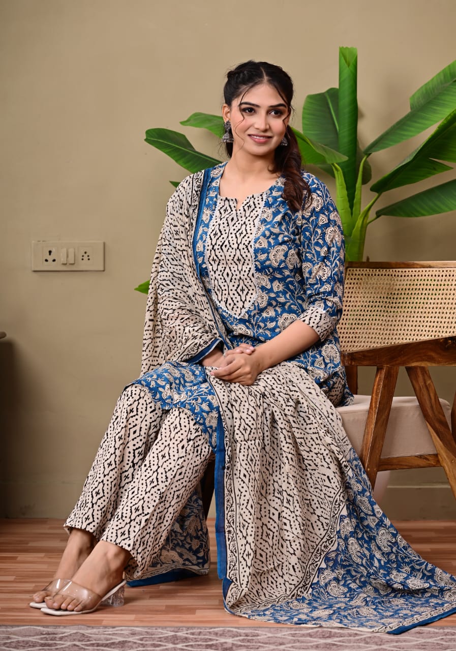 Hand Block Printed Stitched Cotton Suit Set with Matching Cotton Dupatta
