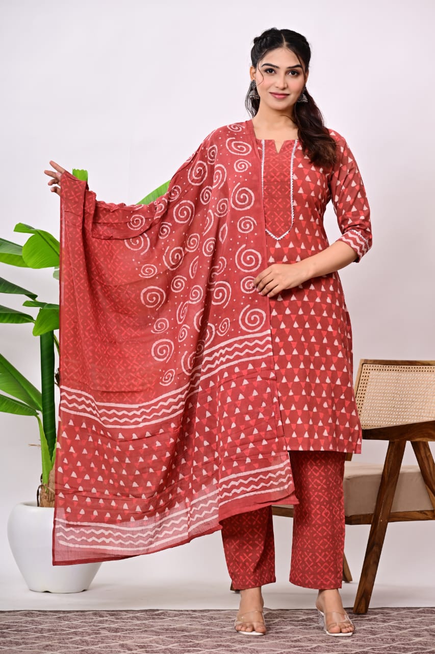 Hand Block Printed Stitched Cotton Suit Set with Matching Cotton Dupatta