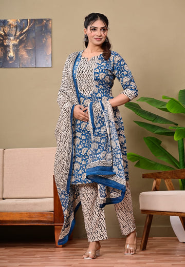 Hand Block Printed Stitched Cotton Suit Set with Matching Cotton Dupatta