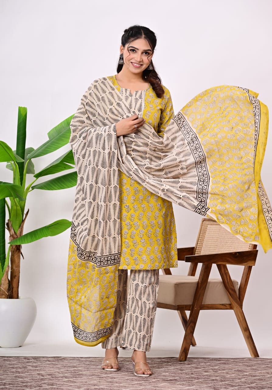 Hand Block Printed Stitched Cotton Suit Set with Matching Cotton Dupatta