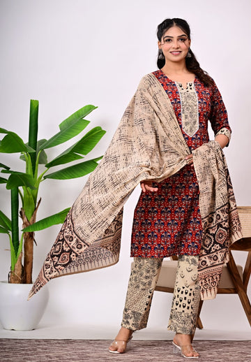 Hand Block Printed Stitched Cotton Suit Set with Matching Cotton Dupatta