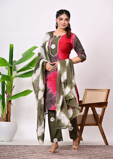 Hand Block Printed Stitched Cotton Suit Set with Matching Cotton Dupatta