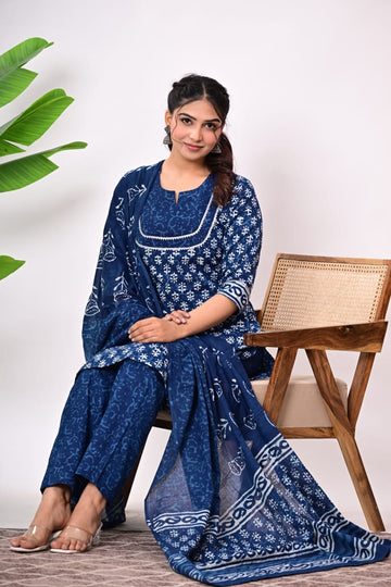 Hand Block Printed Stitched Cotton Suit Set with Matching Cotton Dupatta