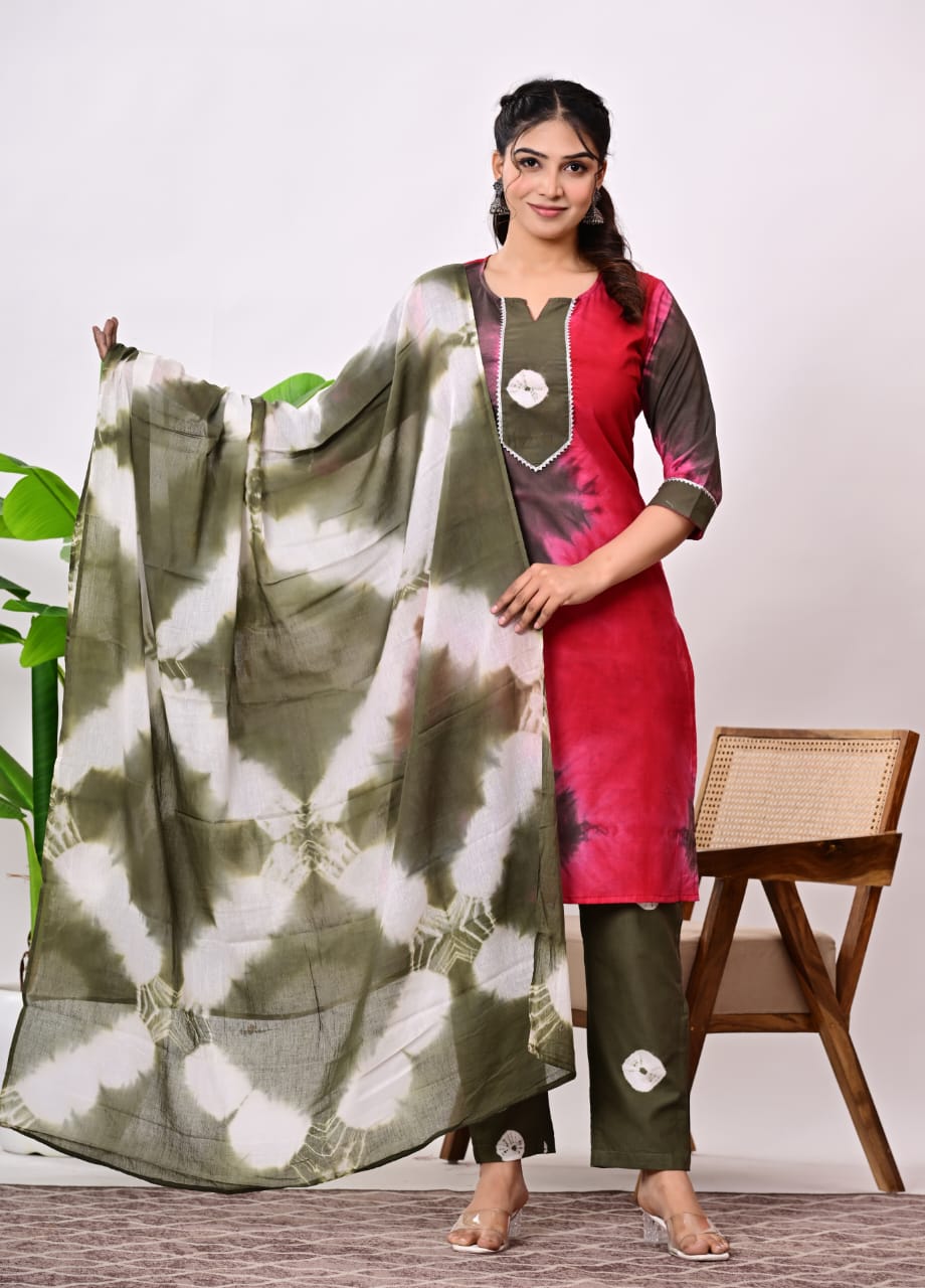 Hand Block Printed Stitched Cotton Suit Set with Matching Cotton Dupatta
