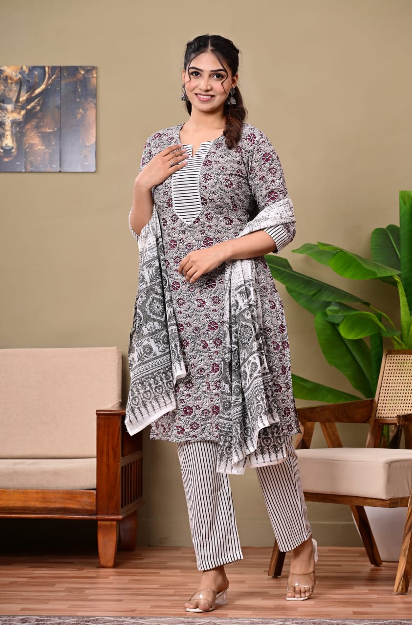 Hand Block Printed Stitched Cotton Suit Set with Matching Cotton Dupatta