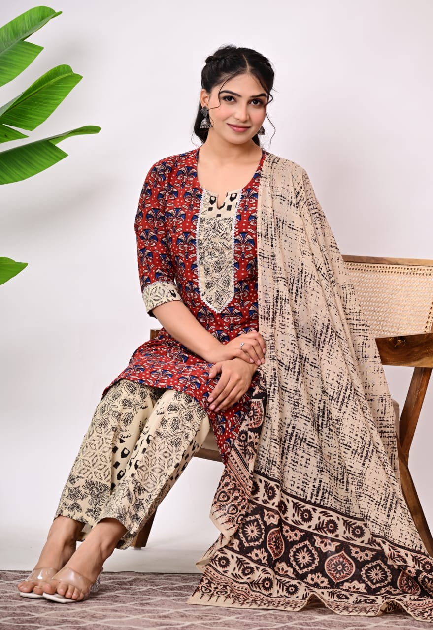 Hand Block Printed Stitched Cotton Suit Set with Matching Cotton Dupatta