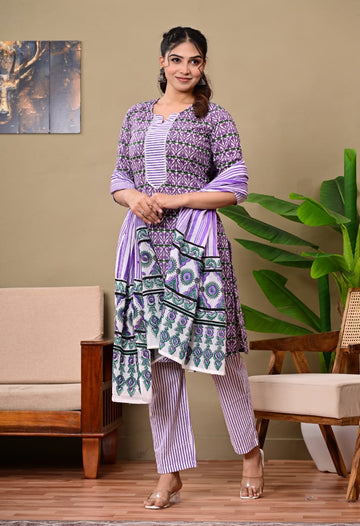 Hand Block Printed Stitched Cotton Suit Set with Matching Cotton Dupatta