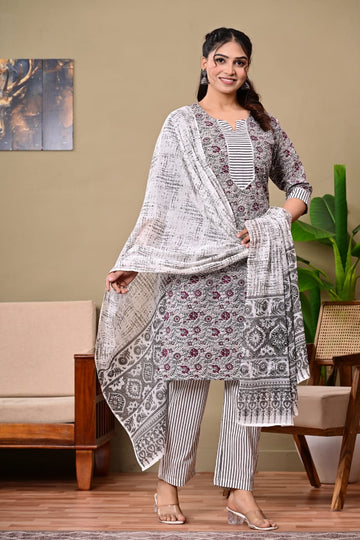 Hand Block Printed Stitched Cotton Suit Set with Matching Cotton Dupatta