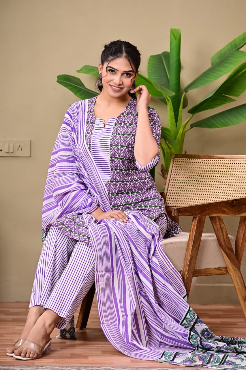 Hand Block Printed Stitched Cotton Suit Set with Matching Cotton Dupatta