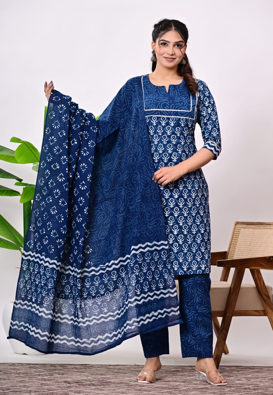 Hand Block Printed Stitched Cotton Suit Set with Matching Cotton Dupatta