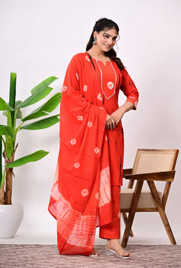 Hand Block Printed Stitched Cotton Suit Set with Matching Cotton Dupatta