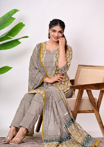 Hand Block Printed Stitched Cotton Suit Set with Matching Cotton Dupatta