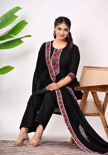 Hand Block Printed Stitched Cotton Suit Set with Matching Cotton Dupatta