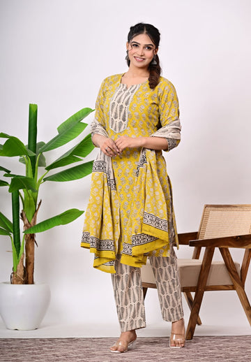 Hand Block Printed Stitched Cotton Suit Set with Matching Cotton Dupatta