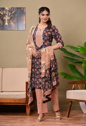 Hand Block Printed Stitched Cotton Suit Set with Matching Cotton Dupatta