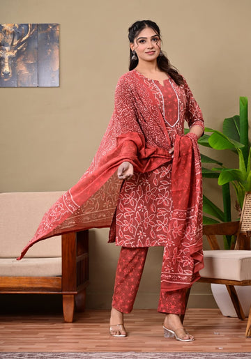 Hand Block Printed Stitched Cotton Suit Set with Matching Cotton Dupatta