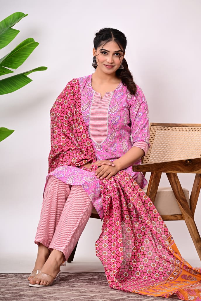 Hand Block Printed Stitched Cotton Suit Set with Matching Cotton Dupatta