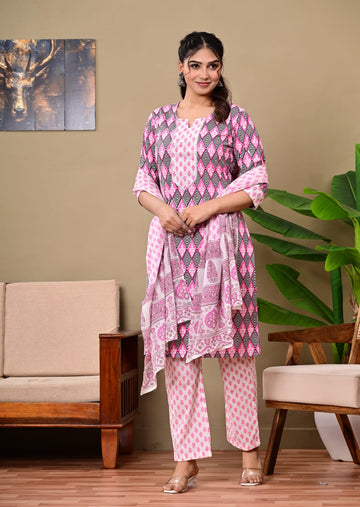 Hand Block Printed Stitched Cotton Suit Set with Matching Cotton Dupatta