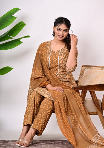 Hand Block Printed Stitched Cotton Suit Set with Matching Cotton Dupatta