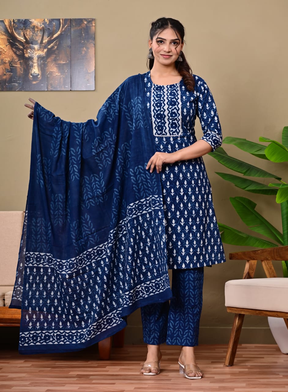 Hand Block Printed Stitched Cotton Suit Set with Matching Cotton Dupatta