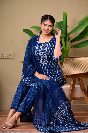 Hand Block Printed Stitched Cotton Suit Set with Matching Cotton Dupatta