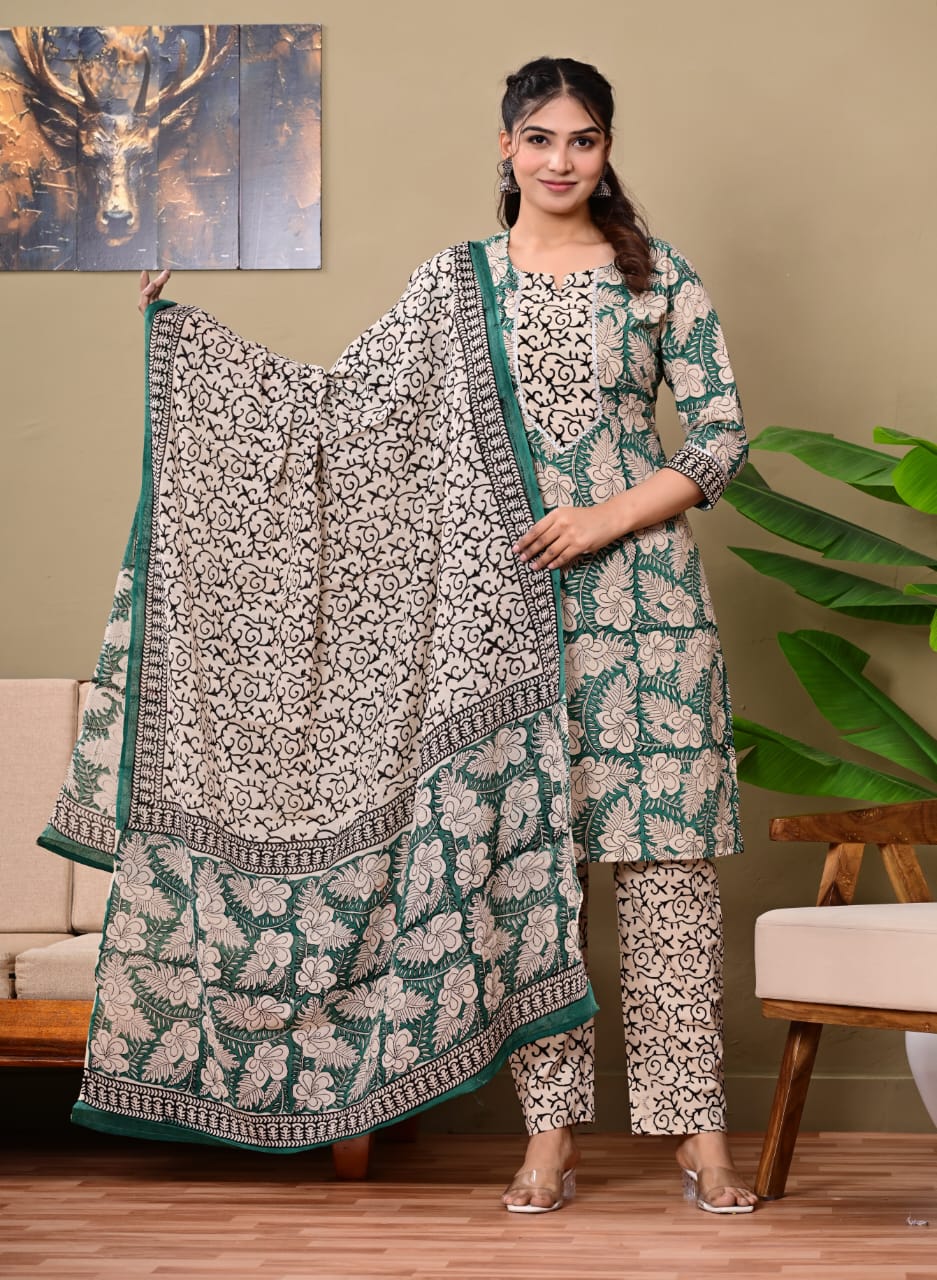 Hand Block Printed Stitched Cotton Suit Set with Matching Cotton Dupatta