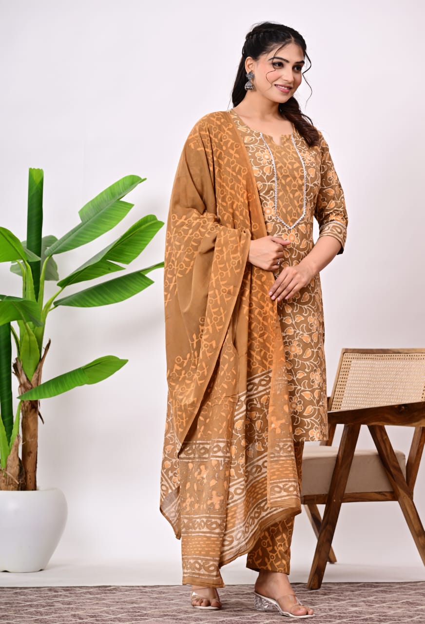 Hand Block Printed Stitched Cotton Suit Set with Matching Cotton Dupatta