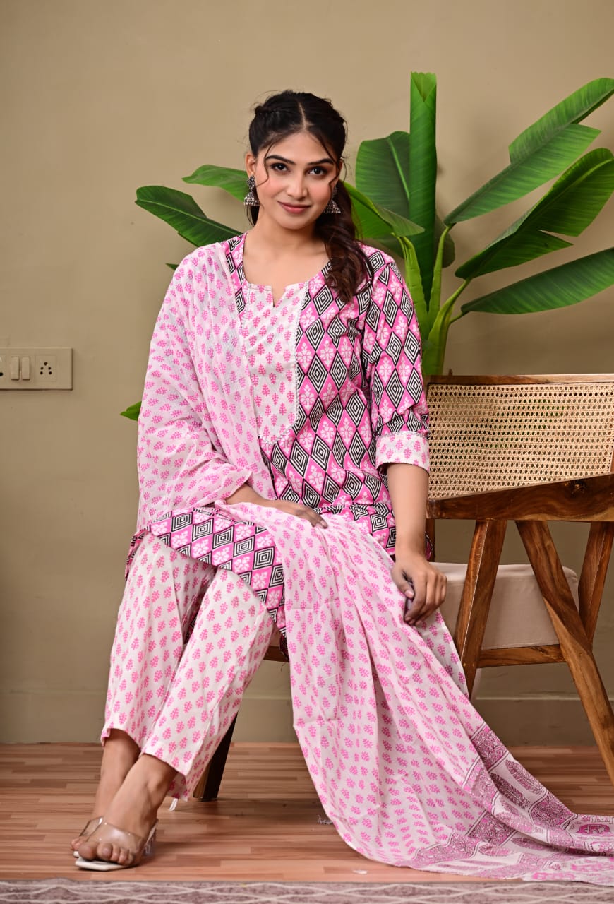 Hand Block Printed Stitched Cotton Suit Set with Matching Cotton Dupatta