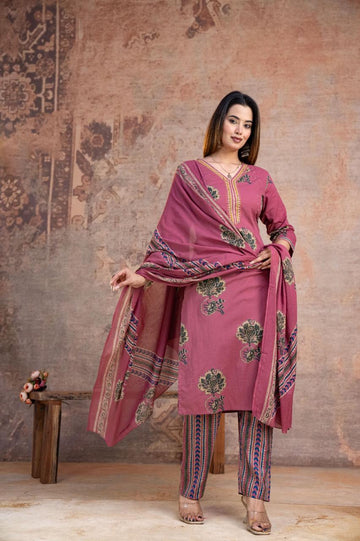 Elegant 60×60 Cotton Handwork Soft Printed Kurta, Pant & Dupatta