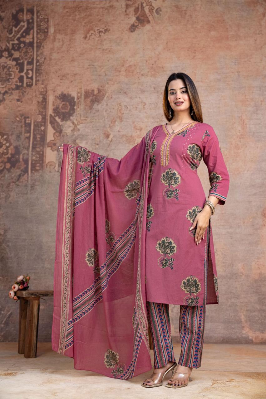 Elegant 60×60 Cotton Handwork Soft Printed Kurta, Pant & Dupatta