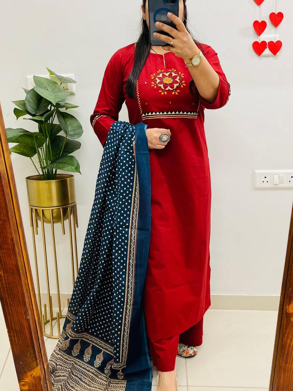 Pure Cotton Printed Kurti Set with Embroidery, Pant & Mulmul Dupatta