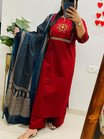 Pure Cotton Printed Kurti Set with Embroidery, Pant & Mulmul Dupatta