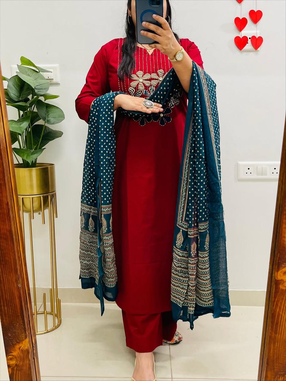 Pure Cotton Printed Kurti Set with Embroidery, Pant & Mulmul Dupatta |